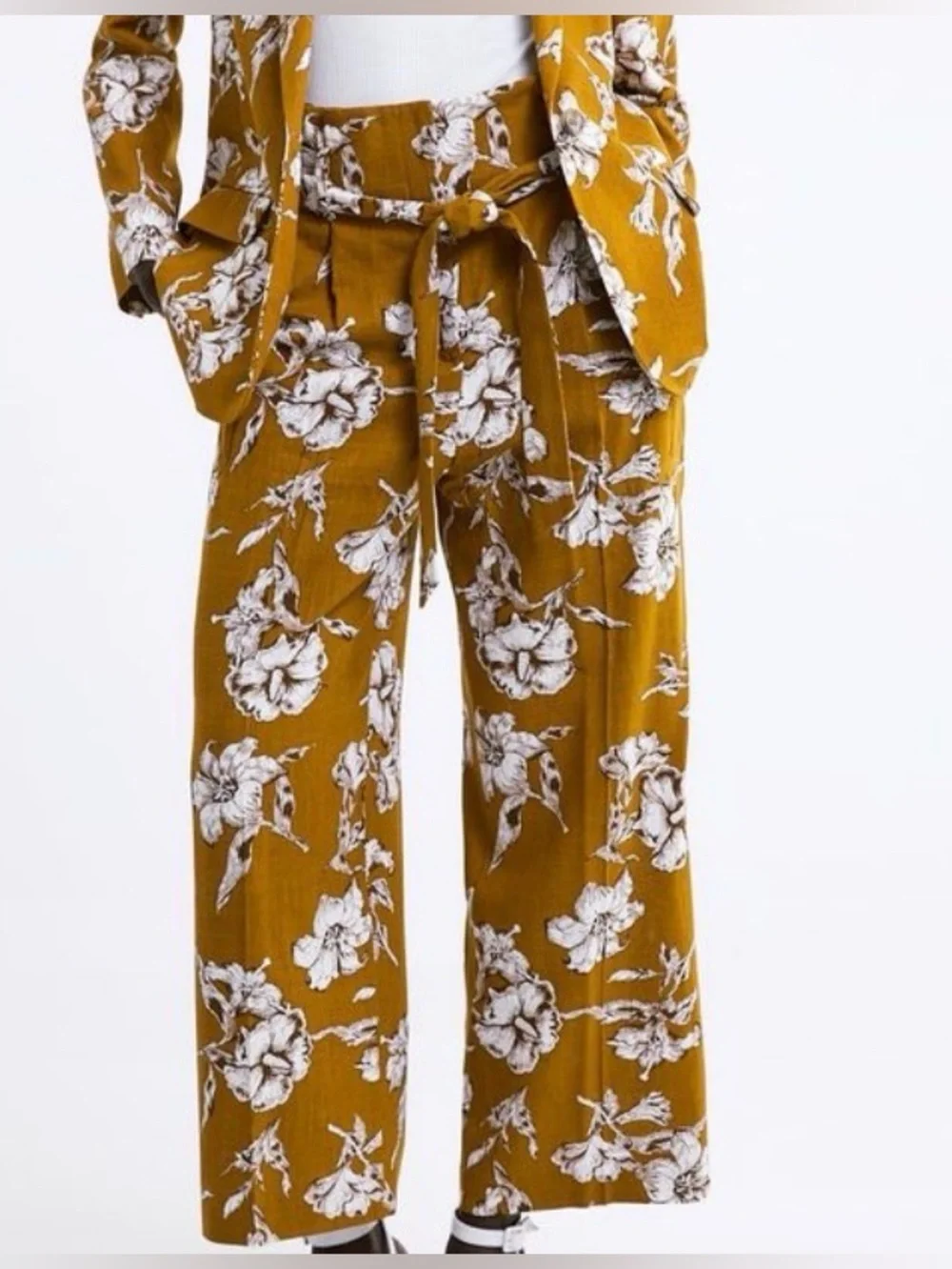 ZARA MUSTARD YELLOW WHITE FLORAL WIDE LEG PANTS TIE BELT WOMENS XS